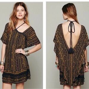 Free People New Romantics Purple & Gold Boho Tie Neck Dress | Size XS
